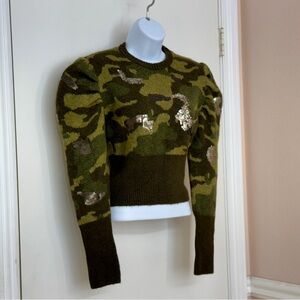 ZARA Women’s Camouflage Sequin Sweater Green Puff Sleeve Mohair Blend Size S